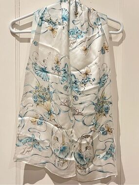 Nouveautes 100% Silk Scarf Rectangle Ballerina Floral White Blue